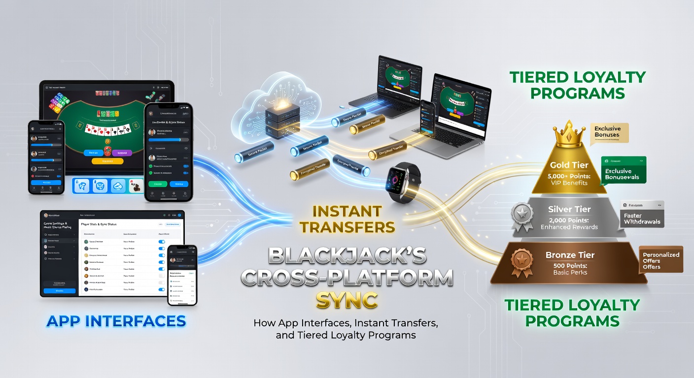 Loyalty tier dashboard displaying instant point transfers and cross-device progress bars for blackjack tournament qualification