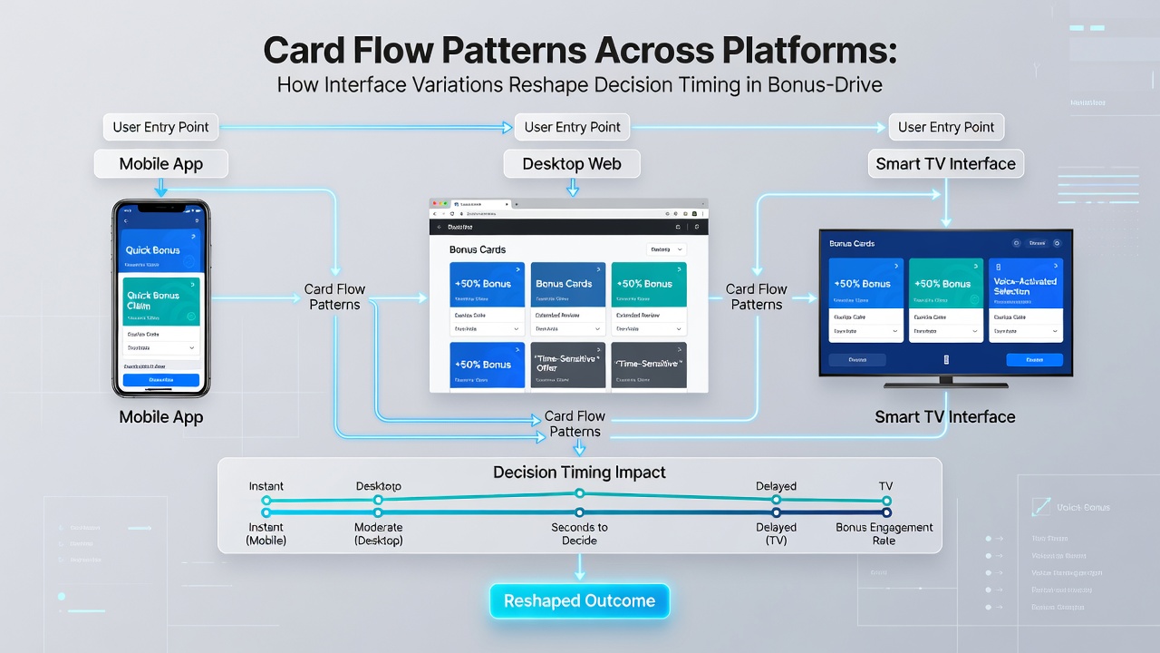 Side-by-side comparison of card flow sequences on different device interfaces showing timing markers and bonus progression indicators