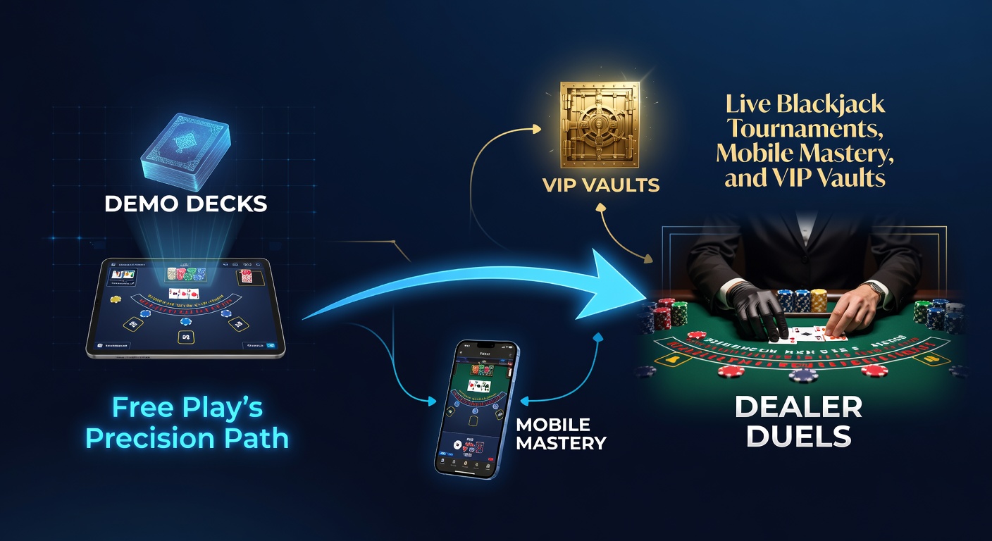 Player transitioning from demo blackjack screen to live dealer tournament interface on a sleek mobile device