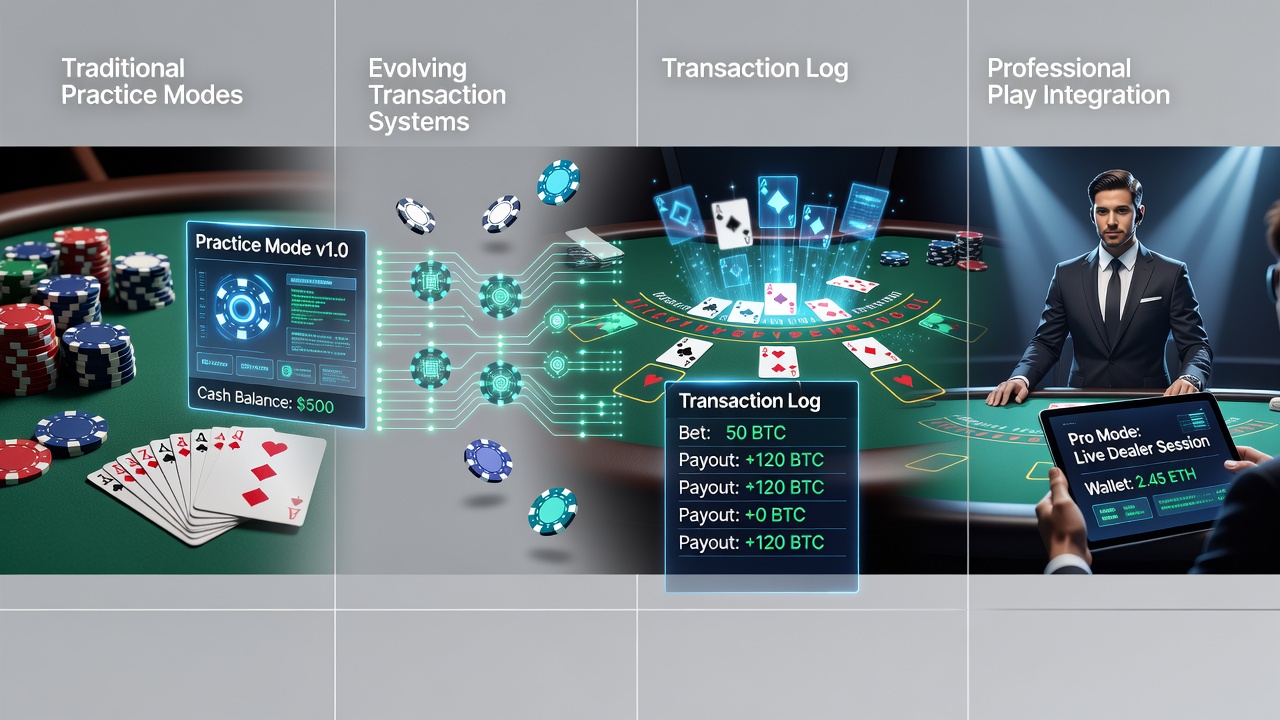 Blackjack tournament table with integrated payment terminals enabling quick transitions from practice accounts