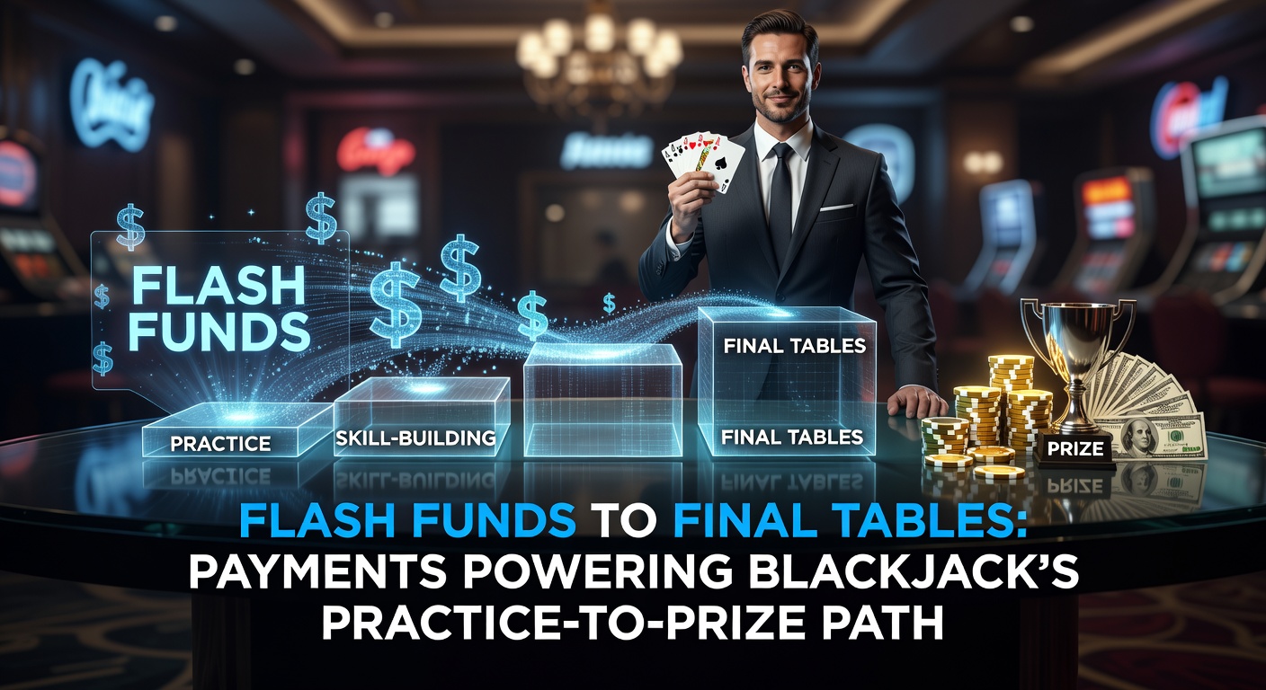 Digital payment icons overlaying a blackjack table with chips transitioning from practice mode to tournament finals, illustrating seamless fund flows in online gaming