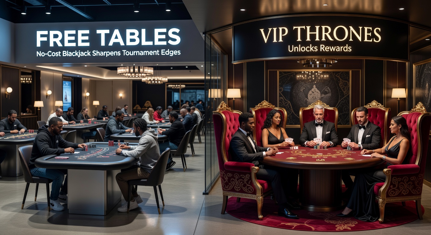 Players at a virtual blackjack table transitioning from free play to tournament action, highlighting skill progression