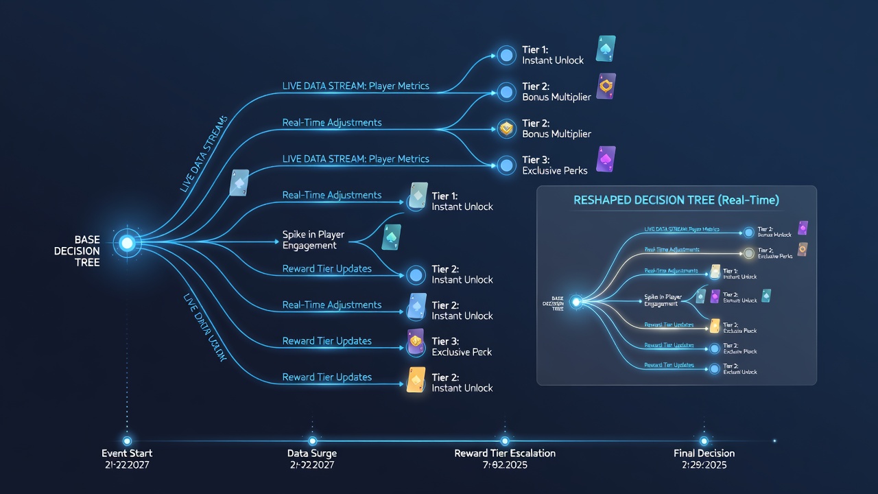 Mobile screen displaying tiered reward progress alongside an evolving decision tree diagram during a card competition