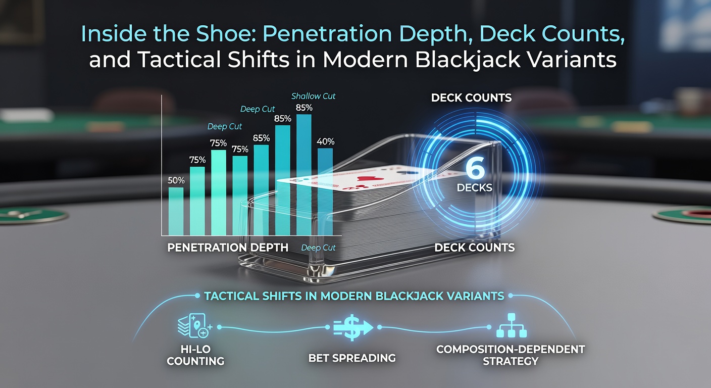 Illustration of a multi-deck blackjack shoe with penetration depth marked, showing dealt cards versus undealt section