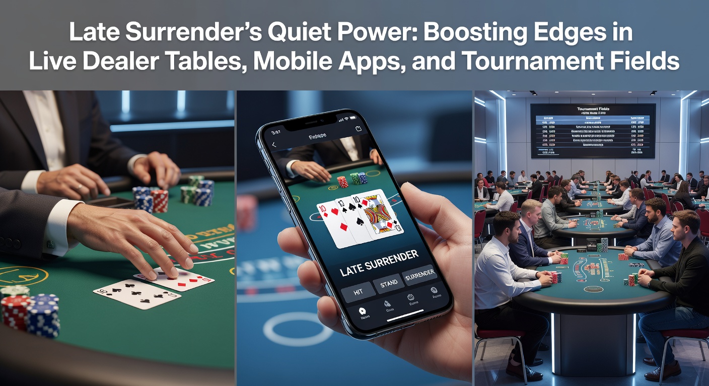 A blackjack table in a live dealer setting where a player contemplates late surrender against a dealer's upcard, highlighting strategic decision-making under bright casino lights