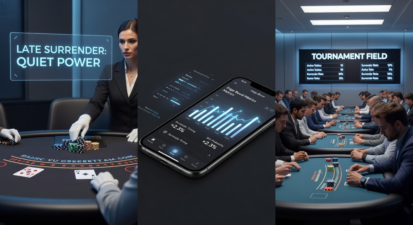 Mobile blackjack app interface displaying a late surrender button during a live dealer hand, with tournament leaderboard visible in the background on a smartphone screen