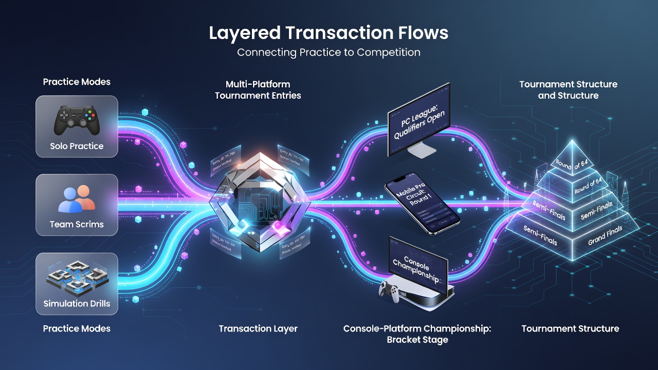 Multi-platform tournament entries and loyalty escalations connected through blackjack transaction layers