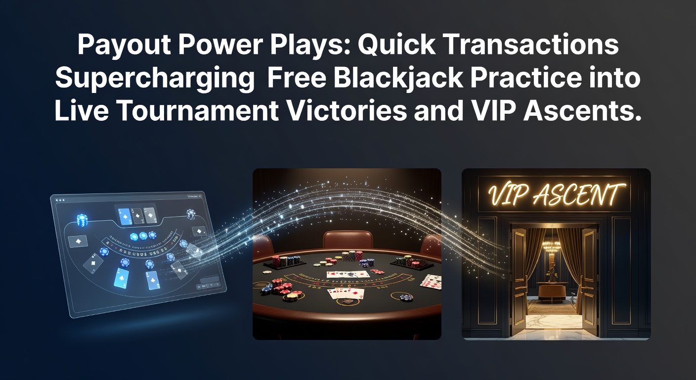 Digital graphic showing swift money transfers fueling a player's ascent from free blackjack tables to tournament podiums and VIP lounges