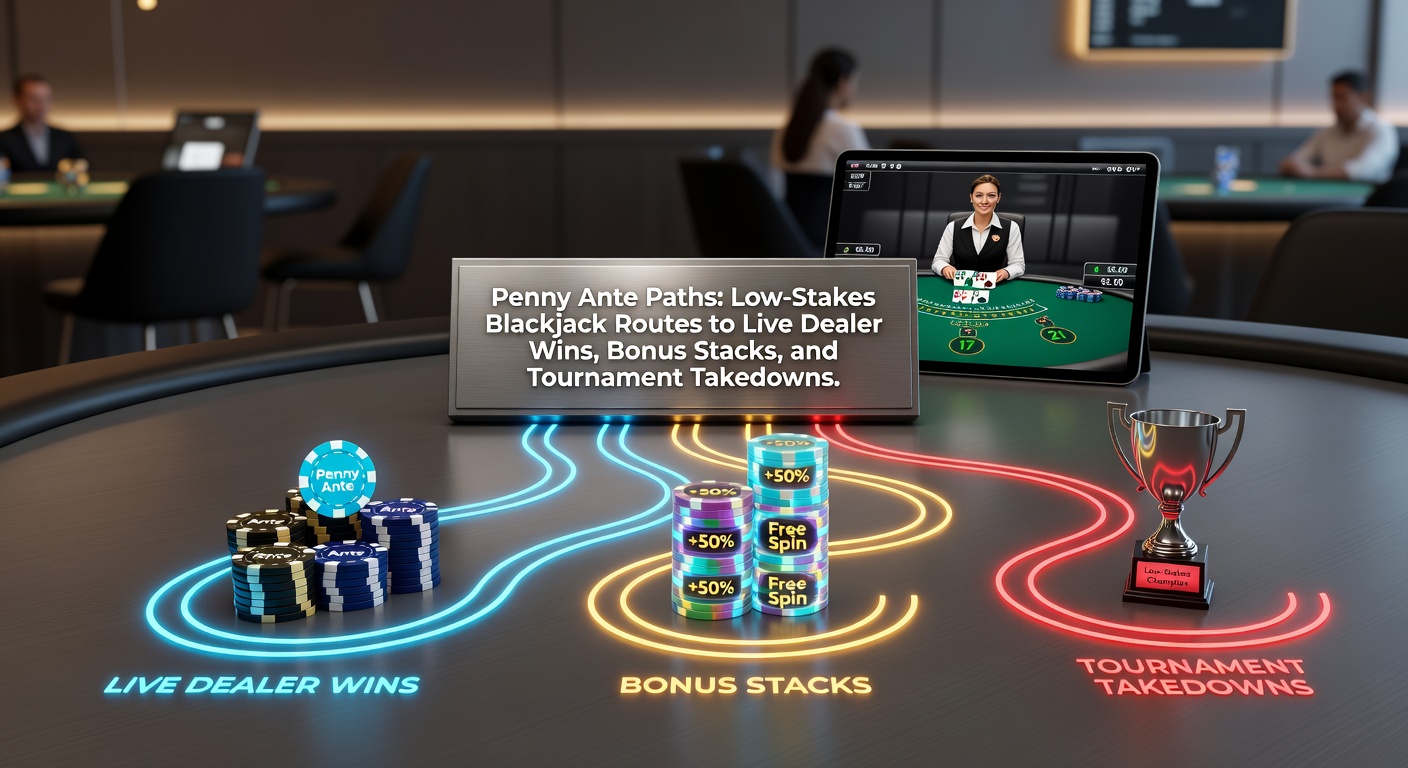 Low-stakes blackjack table with chips and cards in play, showing minimal bet options leading to live action