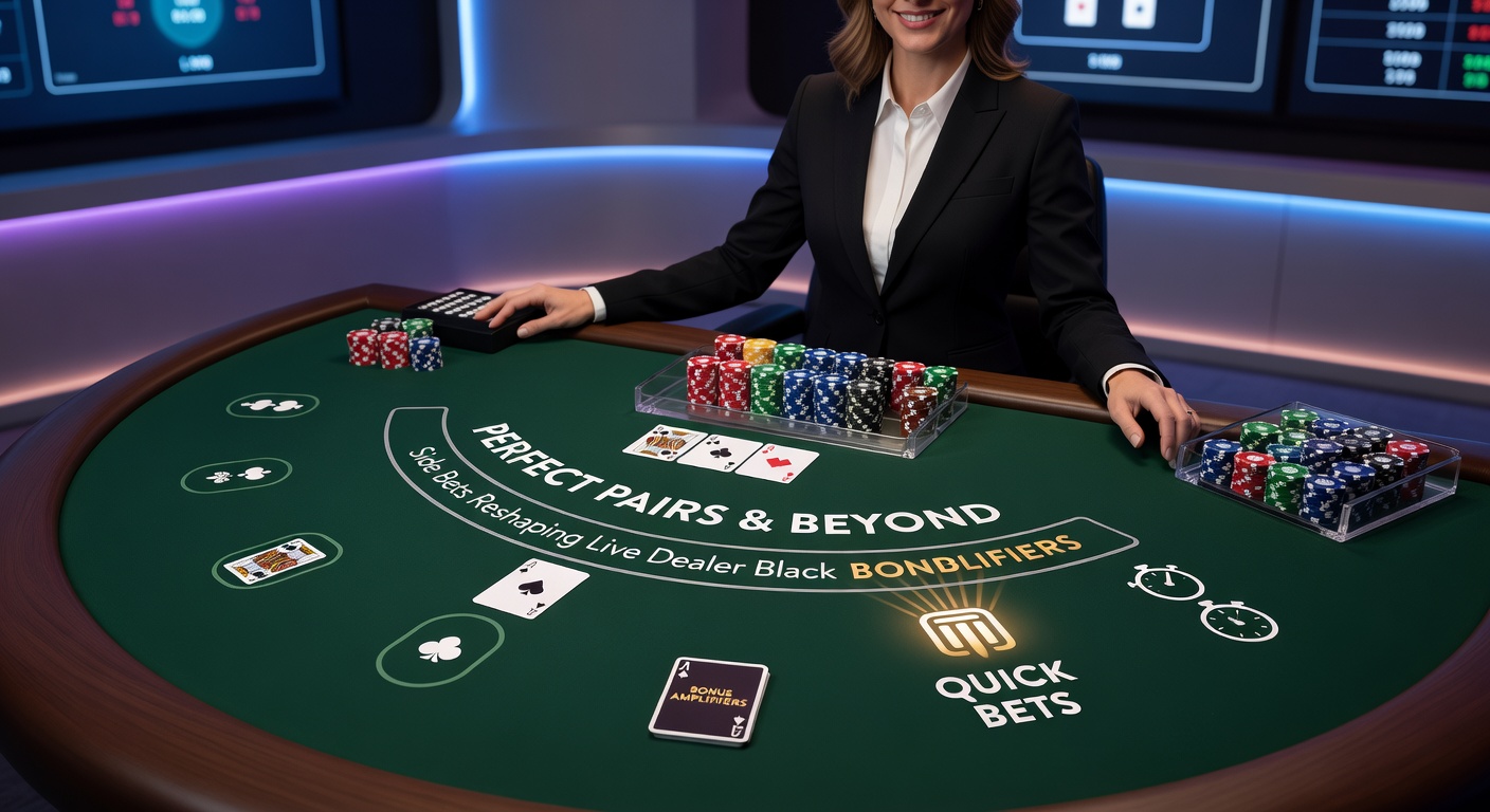 Close-up of a live blackjack side bet payout screen showing a Perfect Pairs win with multipliers and quick cashout button highlighted, chips stacking digitally