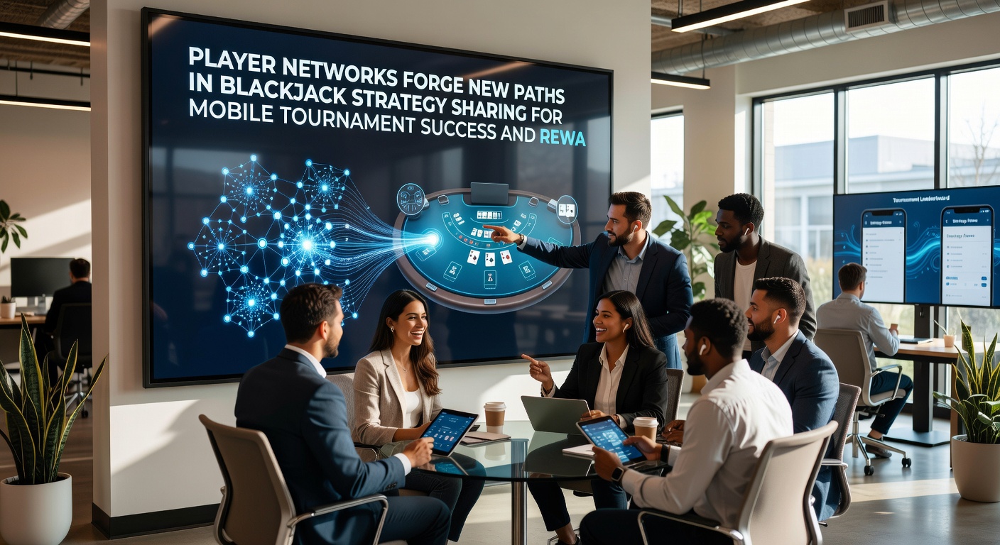 Mobile device displaying shared blackjack tournament strategies and reward tracking