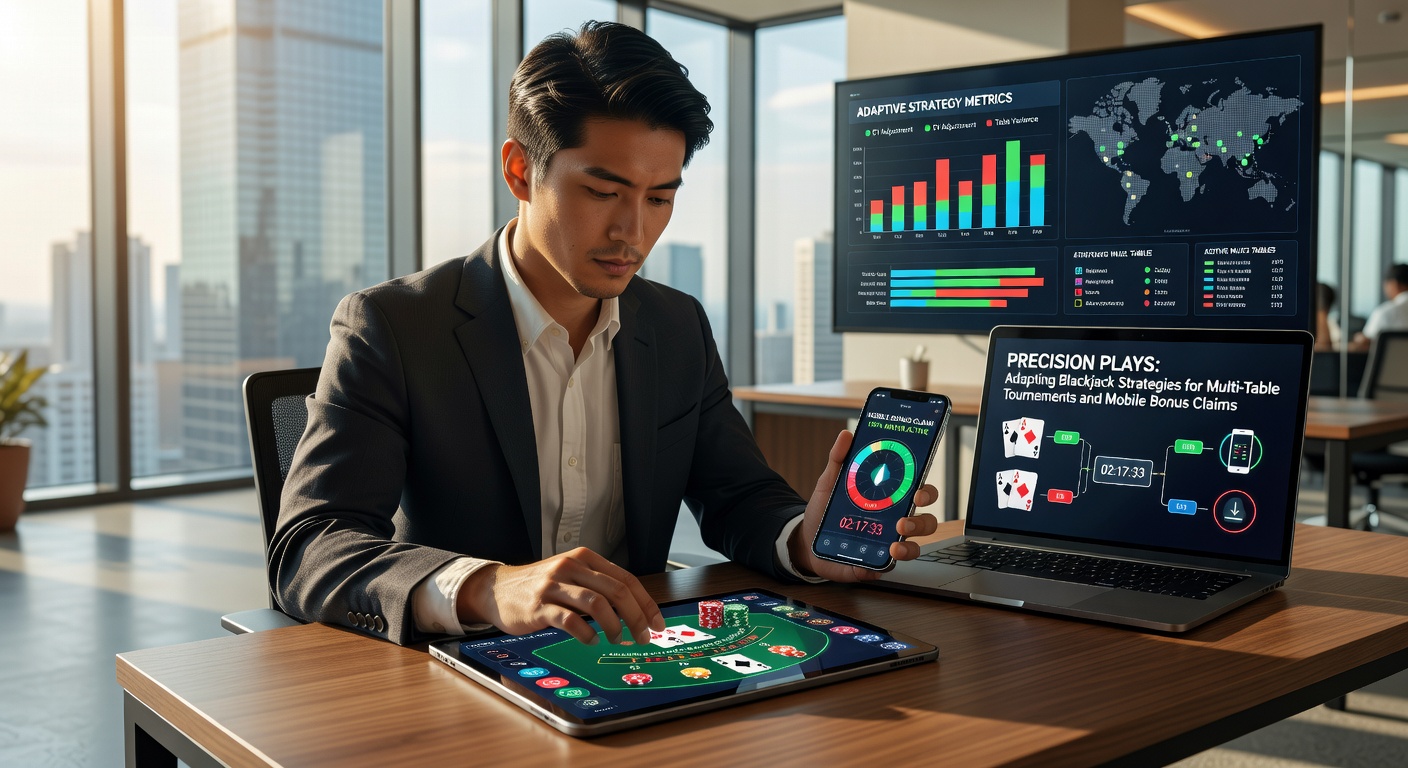 Mobile phone screen showing blackjack app with bonus claim popup, tournament leaderboard, and strategy overlay during a live session
