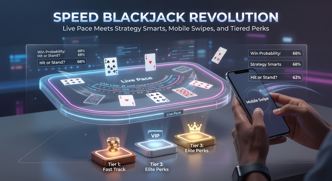 Dynamic image of a speed blackjack table with fast-dealing cards, live dealer in action, and mobile screens showing quick swipes for bets and decisions