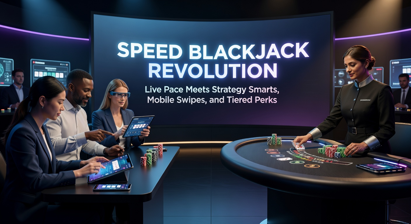Vibrant screenshot of a mobile speed blackjack app interface, featuring swipe gestures for bets, live chat bubbles, and a loyalty tier progress bar glowing with rewards