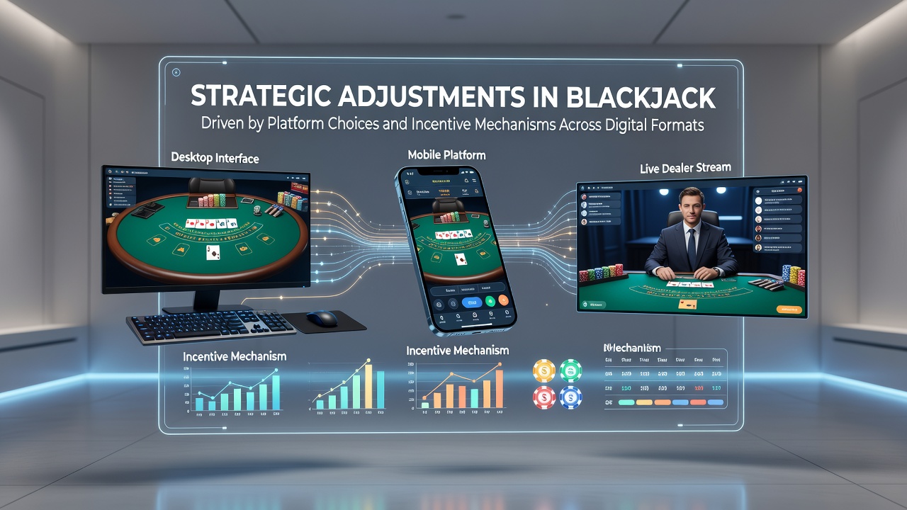 Blackjack player adjusting strategy on multiple digital devices showing platform interfaces