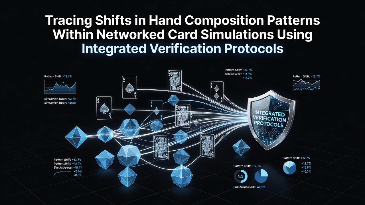 Networked card simulation interface displaying real-time hand composition data and verification protocol overlays