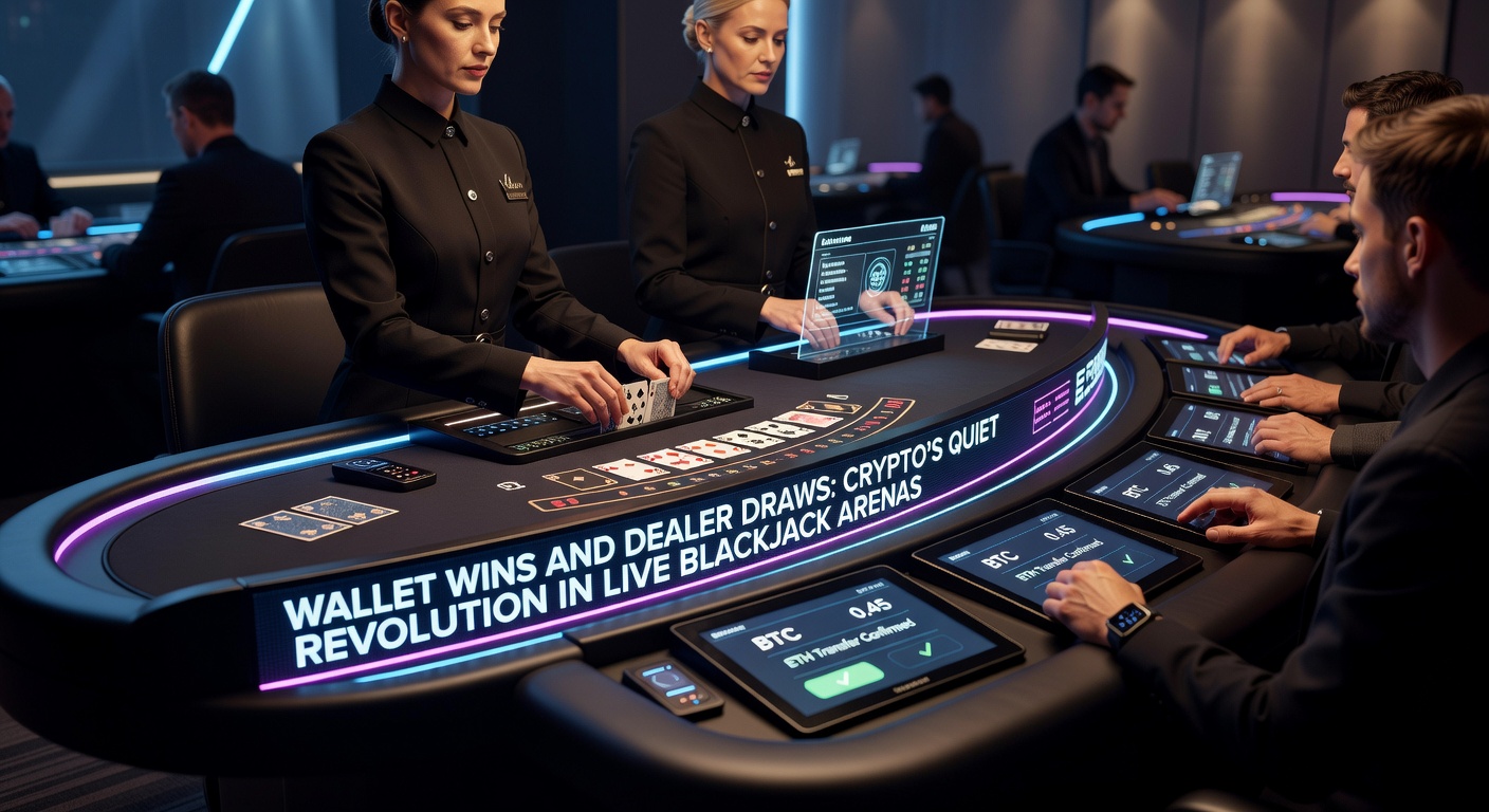 Live blackjack dealer interacting with digital crypto wallet interface on screen, highlighting seamless blockchain integration in real-time gameplay