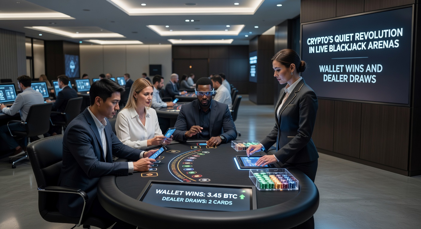 Crypto transaction flow from blackjack win to player wallet, showing blockchain confirmation and dealer interface with digital currency icons